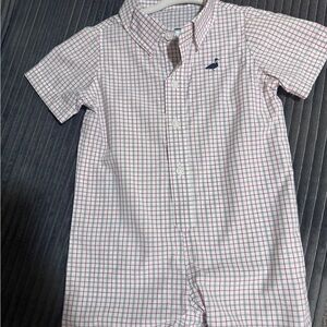 Properly Tied Woven Onepiece Plaid Button-Down Romper with Bird Embroidery